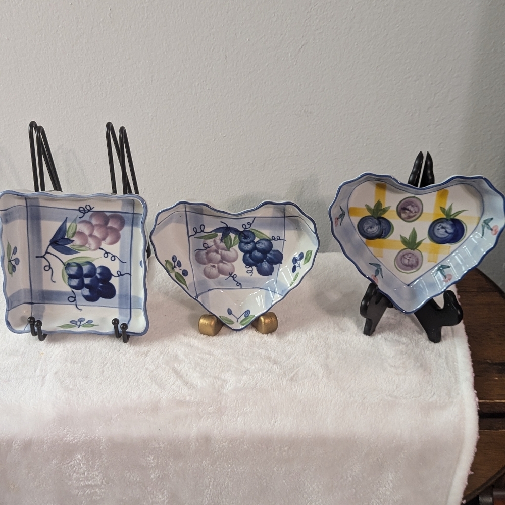 Three Colorful Bakeware dishes Scalloped Edges. Fruit Pattern.